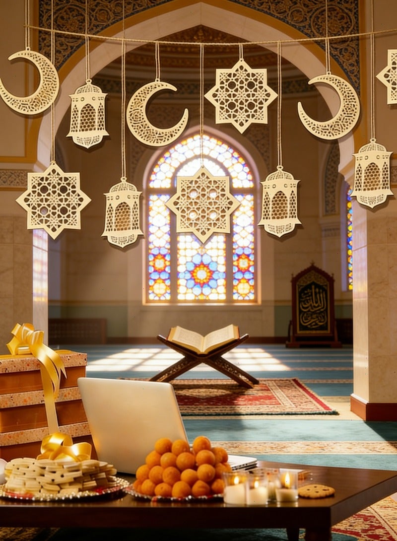12 قطعة من ديكورات رمضان الخشبية، قلادات معلقة مجوفة على شكل نجمة وقمر، زينة فوانيس احتفالية لحفلات المنازل الإسلامية - Image 1